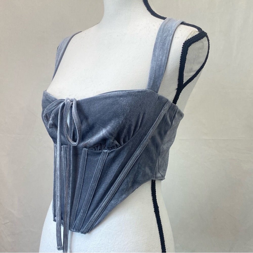 TIC TOC Dusty Blue Velvet Boned Corset Bustier Crop Top size Medium - Picture 3 of 17